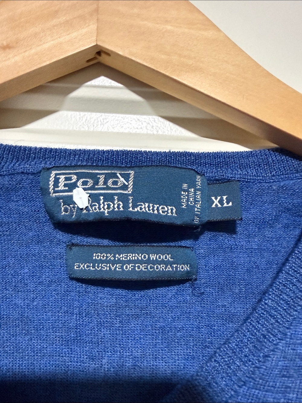 Polo by Ralph Lauren Men's V-Neck Sweater in Blue with Yellow Pony - Picture 3 of 7